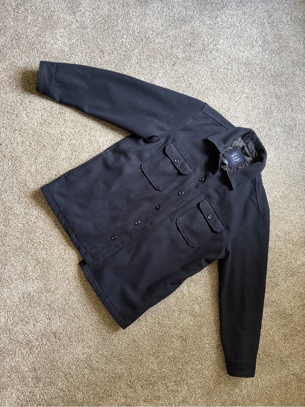 GAP Black Wool-Blend Pea Coat with Chest Flap Pockets